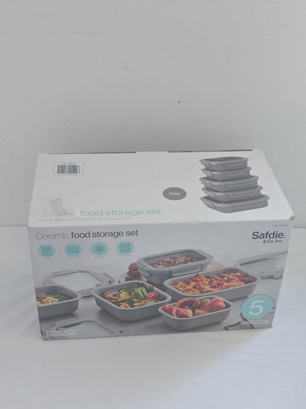 Safdie & Co 10-Piece Ceramic Food Storage Set Gray Glass Lids Open Box NEW